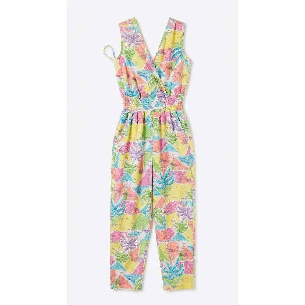Vintage Can Cans Jumpsuit Womens Multicolor Tropical Palm Tree Print Cotton